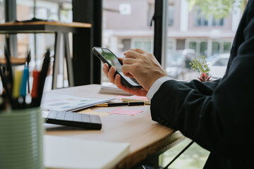 Businessman Using Mobile Phone at Desk
