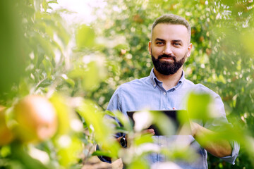 Orchard management, seasonal work and crop control on organic farm. Friendly smiling bearded...