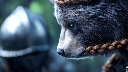 A close-up of a bear with braided fur and green eyes, set against a blurred armored figure in the background