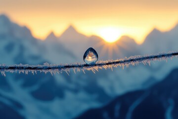 A frozen water droplet rests on a frosty wire against a stunning sunrise mountain backdrop.