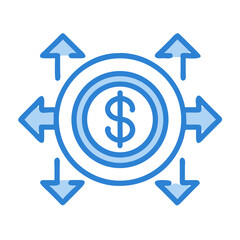 Money flow diagram showing investment and financial growth with dollar sign and blue arrows around it on transparent background
