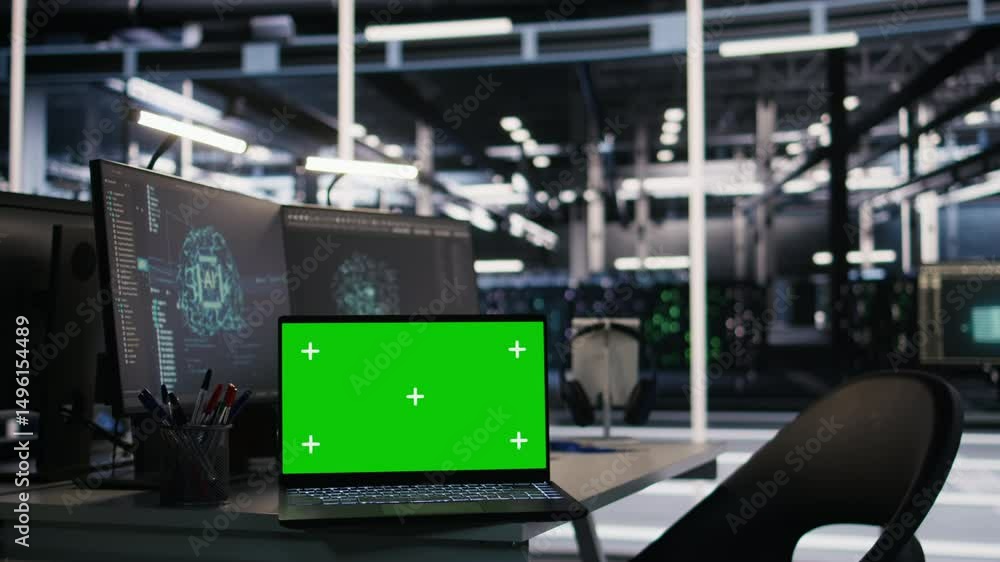 Poster mockup laptop and computer in data center used in artificial intelligence model deployment. isolated