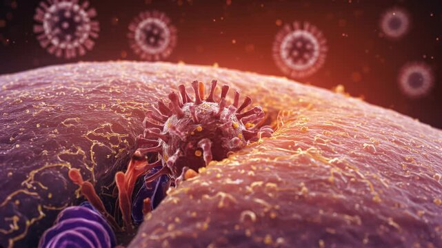 A 3D animation shows a coronavirus particle binding to the surface of a host epithelial cell, subsequently being engulfed by the cell membrane through endocytosis to initiate infection.