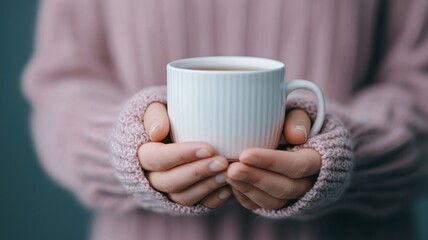 World sleep day with peaceful relaxation idea. Cozy hands holding a warm cup of coffee or tea before sleeping time.