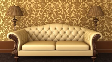 Elegant cream couch in a lavish gold room.