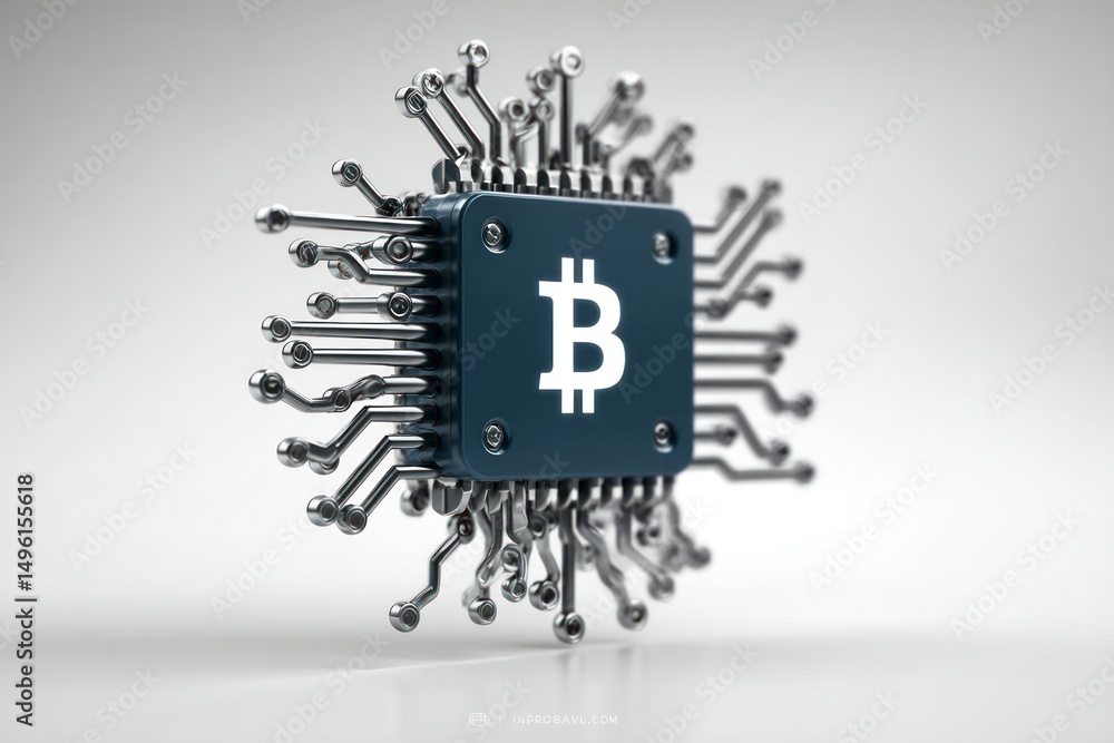 Poster bitcoin symbol integrated with circuit board and tools representing cryptocurrency technology