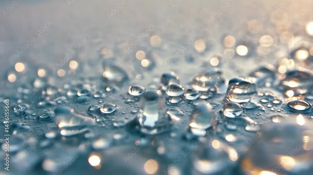 Poster close-up macro photograph capturing shimmering water droplets scattered on a textured light surface,