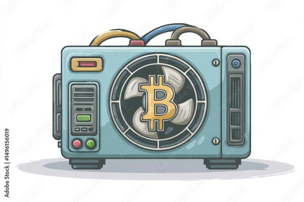 Poster cryptocurrency mining machine with bitcoin symbol digital finance and technology concept