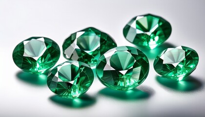 Fototapeta premium emerald gemstones glisten on a white surface highlighting their rich green hues and clarity