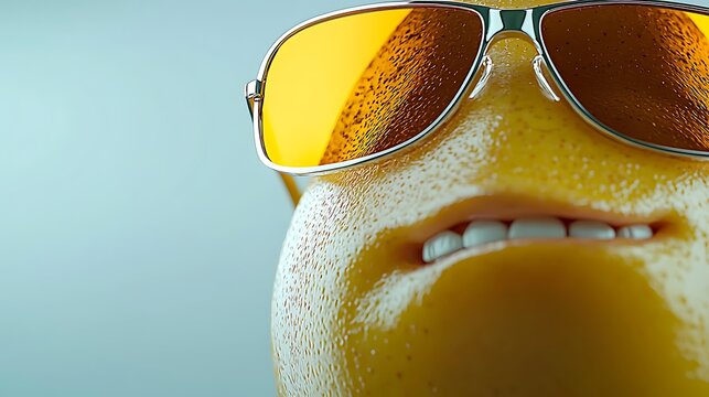 A close-up of a playful, animated orange character wearing sunglasses, with a vibrant background
