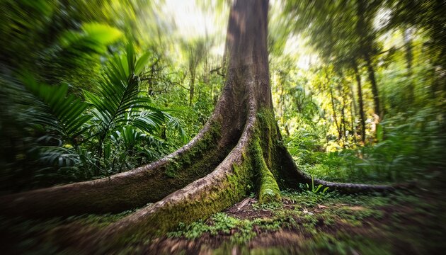 aged trunk in lush jungle tilt shift