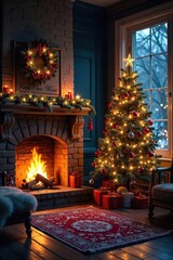 A cozy winter scene featuring a fireplace, decorated Christmas tree, and warm, inviting lighting, perfect for holiday celebrations and winter themes , fire, relaxation