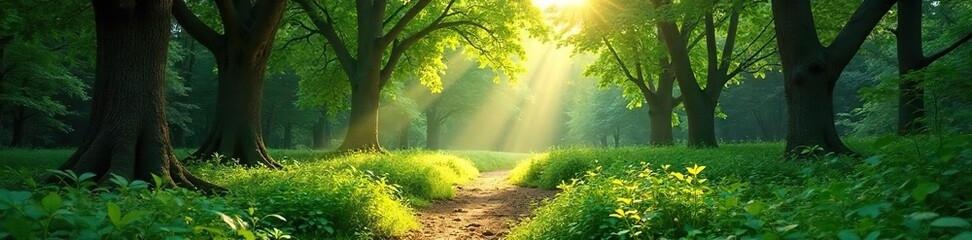 Obraz premium Sunlight dapples through the canopy of a lush park forest, illuminating the vibrant green undergrowth and winding paths Perfect for nature, ecology, and environmental themes , flora, relaxation