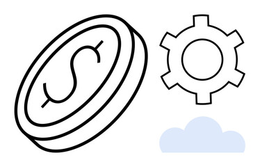 Coin with dollar sign tilted mid-air, gear symbolizing operations, and minimal cloud design. Ideal for finance, technology, cloud computing, innovation, progress, business strategy simple landing
