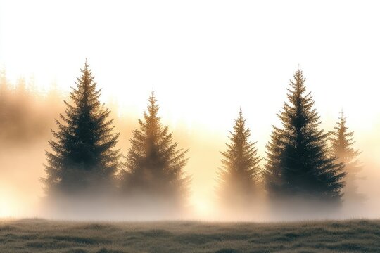 Misty sunrise illuminates tall evergreen trees in a serene, peaceful forest scene.
