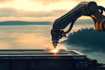 Industrial robot arm precisely cuts metal at sunset, showcasing advanced automation technology.