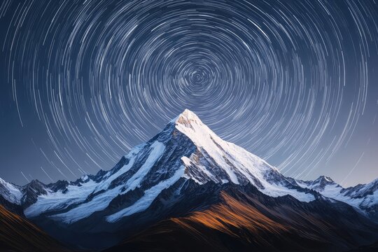 Majestic snow-capped mountain peak under a mesmerizing night sky with star trails.