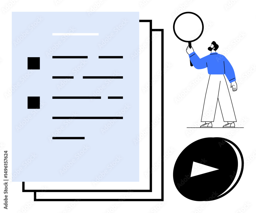 Poster digital document interface, user holding a circle symbol, and play button. ideal for content managem