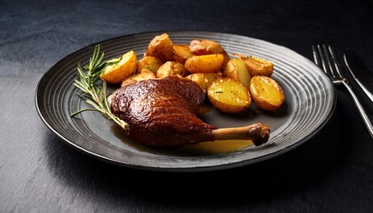 exquisite french confit de canard slow cooked duck leg served with golden potatoes and aromatic rosemary on a sleek plate perfect for culinary delights and gourmet presentations