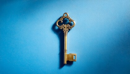 elegant golden key on blue background for conceptual imagery