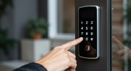 Person unlocking smart door lock with keypad indoors