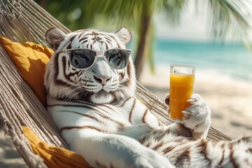 A tiger is relaxing on a hammock at the beach, enjoying the warm sun and a cool drink, surrounded by palm trees that gently sway to enhance the serene atmosphere
