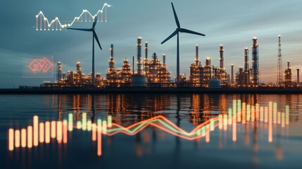 Fototapeta premium desalination plant concept, overlaid with digital growth metrics and rising ESG scores in the sky above coastal infrastructure