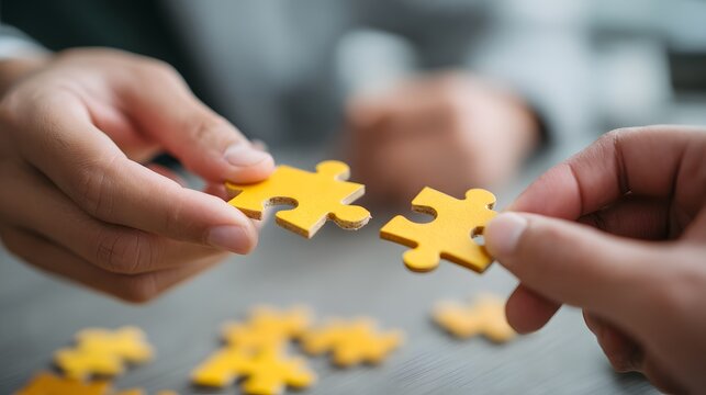 Solving Puzzles Together: Hands fitting yellow jigsaw pieces illustrate collaboration, teamwork, and problem-solving for successful solutions.