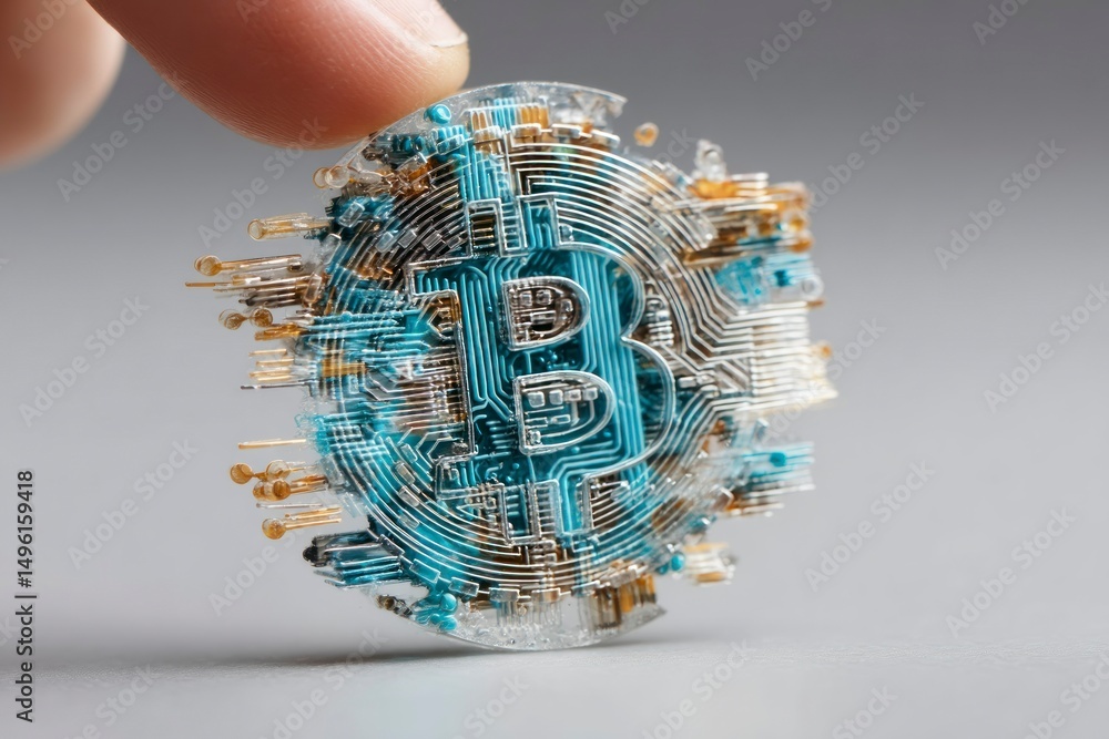 Poster a hand holding a transparent circuitlike digital currency token with intricate design
