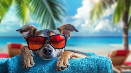 On a vibrant beach, a pet animal wearing sunglasses is seen lounging on a colorful towel, basking under the warm sun, with palm trees and a turquoise ocean serving as a stunning backdrop for a summer