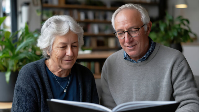 Elderly couple enjoying a photo album together in a cozy space  