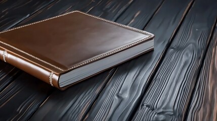 A close-up view of a brown leather-bound photo album resting on a dark wooden surface