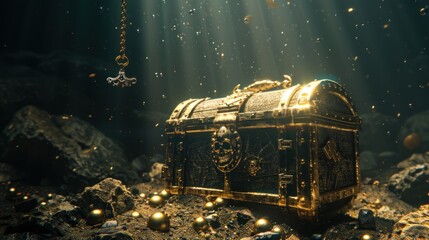 Sunken Treasure: Golden Chest in a Mysterious Underwater Grotto with Sunbeams