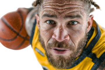 Closeup portrait of a sweaty man with beard playing basketball