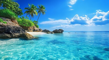 The scene depicts a tropical beach with turquoise water, a shallow rocky shoreline, and palm trees, under a blue sky filled with clouds and copy space