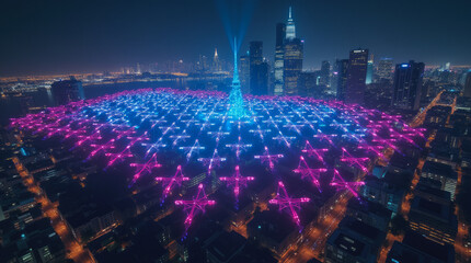 Multi-Drone Light Show Over Skyscrapers — Spectacular Nighttime Cityscape with Vibrant Aerial Display