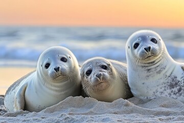 Naklejka premium Three Harbour seals of the species Phoca vitulina can be seen resting on a beach in Denmark's Grenen during the early morning