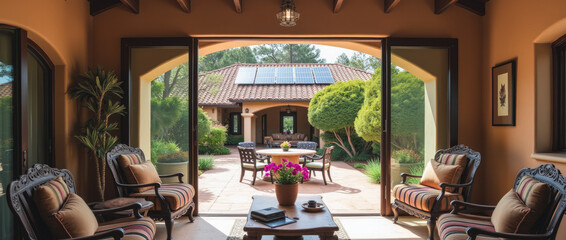 Serene Patio Setting in a Spanish Eclectic Style Home with Solar Panels Seamlessly Integrated
