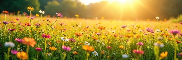 A vibrant meadow bursting with wildflowers stretching as far as the eye can see, bathed in golden sunlight Perfect for nature, summer, and environmental themes , ecology, wildlife, wildflowers
