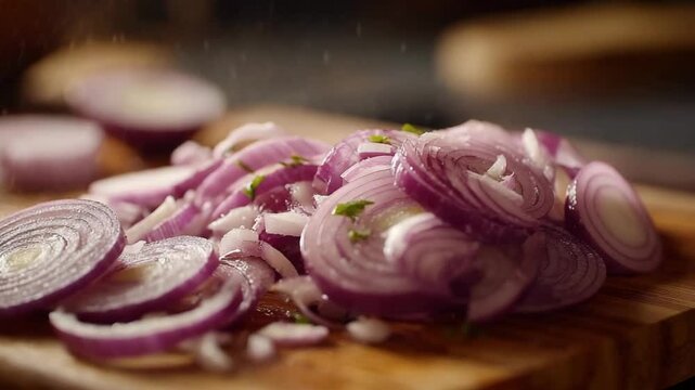 Medium shot of raw onions being sliced with a camera pan to the right in high-definition 4K quality
