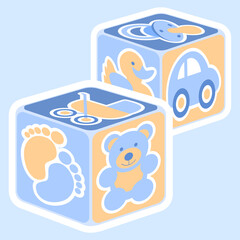 A vector illustration featuring cute baby boy building blocks in blue. Editable vector available.