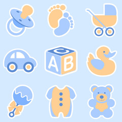 A vector illustration featuring nine cute icons associated with a new baby boy. Editable vector available.