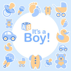 A cute It's a boy card design for a new baby. Editable vector available.