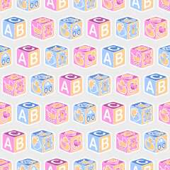 A cute seamless background pattern featuring blue and pink baby building blocks. Editable vector available.