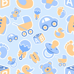 A cute seamless background pattern featuring items associated with a new baby boy. Editable vector available.