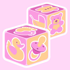 A vector illustration featuring cute baby girl building blocks in pink. Editable vector available.