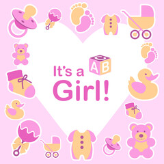 A cute It's a girl card design for a new baby. Editable vector available.