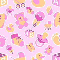 A cute seamless background pattern featuring items associated with a new baby girl. Editable vector available.