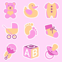 A vector illustration featuring nine cute icons associated with a new baby girl. Editable vector available.