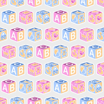 A cute seamless background pattern featuring blue and pink baby building blocks. Editable vector available.